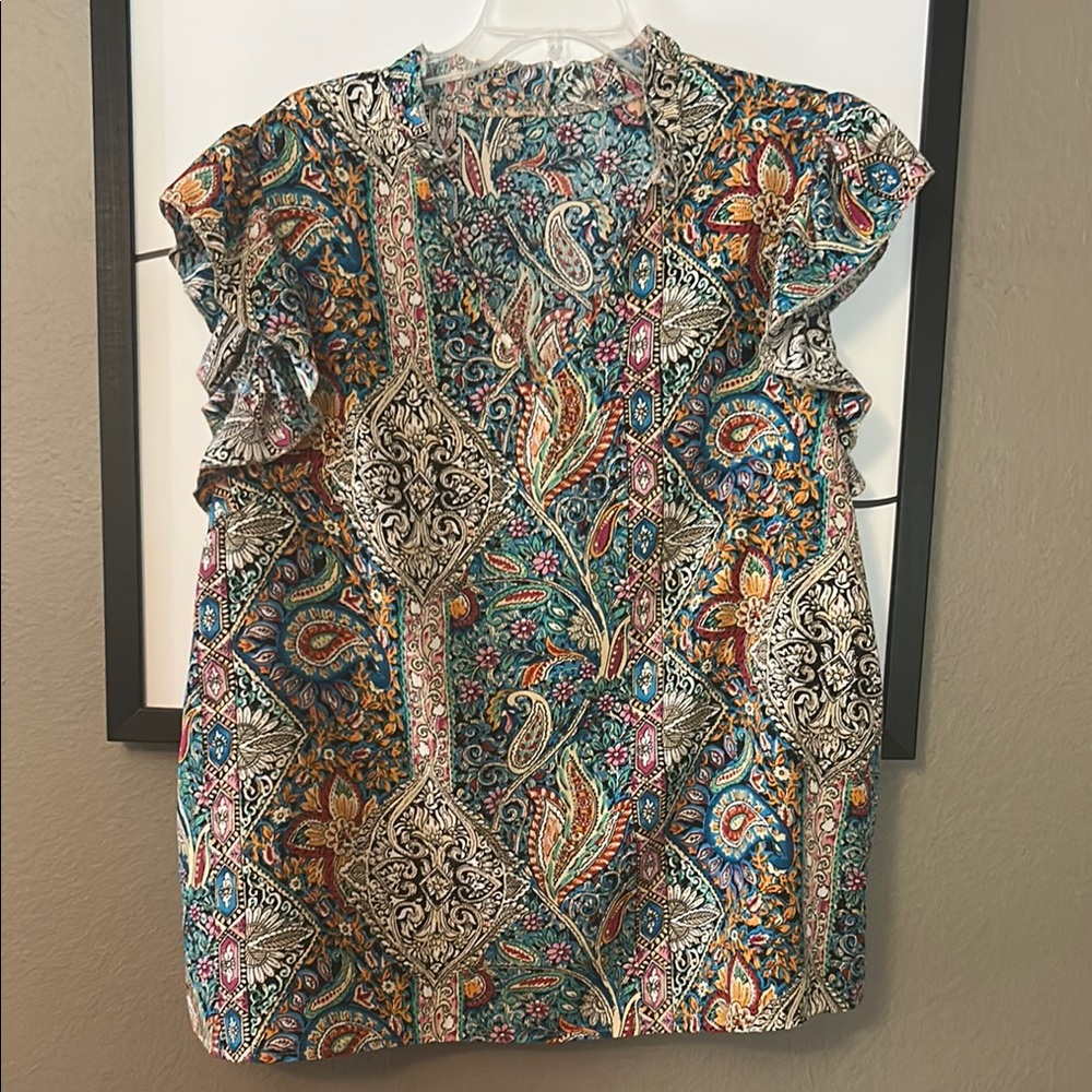 Chic Blue and Orange Blouse with Mandarin Collar and Flutter Sleeves
